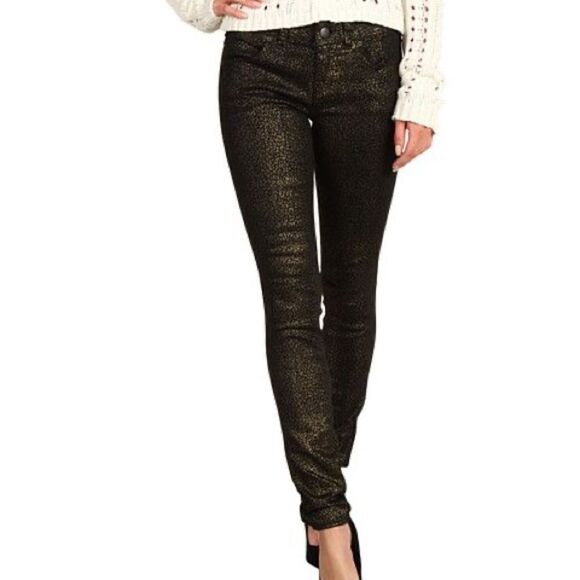 NWT Free People Black/Gold Leopard Printed Shimmer Skinny Jeans - Size: 27 - Picture 2 of 13